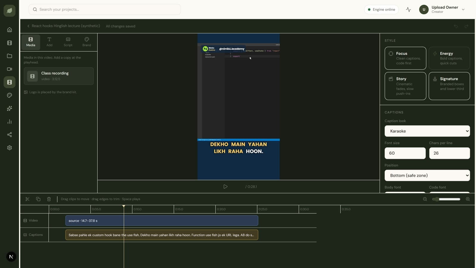 Make it yours: Reel Studio screen