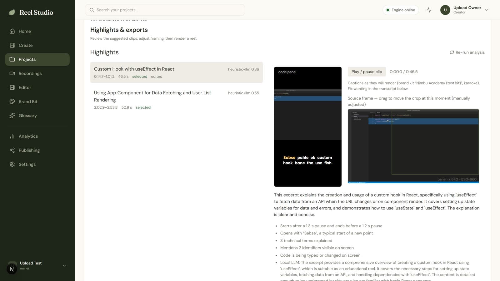 Let intelligence do the groundwork: Reel Studio screen