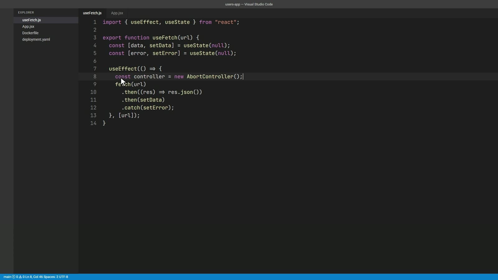 A frame of a recorded React class: useFetch with AbortController in VS Code